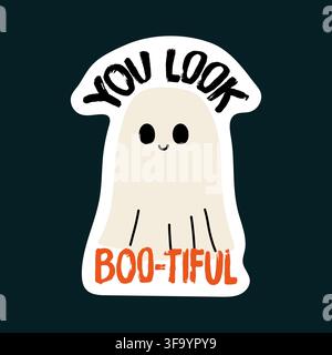 Fantasma carino con citazione divertente adesivo vettoriale doodle per decorazioni di Halloween Illustrazione Vettoriale