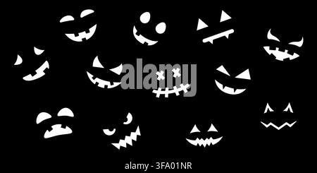 Set di icone solide per i volti di zucca di Halloween. Espressioni spaventose, collezione di simboli di sagome di Jack-O-Lantern. Decorazione festiva, disegni spaventosi. Isolato Illustrazione Vettoriale