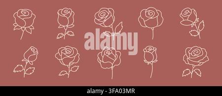 Collezione di 10 illustrazioni line art di fiori di rosa disegnati a mano con diverse forme di rosa, steli, foglie e forme floreali. Elementi botanici minimi Illustrazione Vettoriale