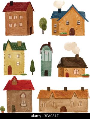 Set di case e alberi acquerellati disegnati a mano Illustrazione Vettoriale