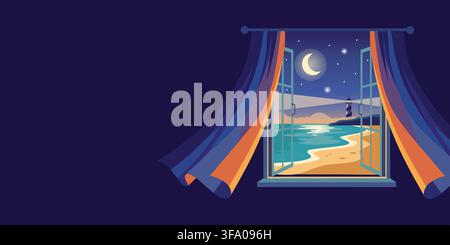 Finestra aperta con vista su faro e mare di notte. Paesaggio costiero con luna e stelle visti dalla stanza. Concetto di viaggio, relax e pace. Illustrazione Vettoriale