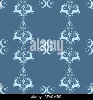 Motivo invernale decorativo con renne, falci di luna e fiocchi di neve in stile scandinavo. Illustrazione Vettoriale