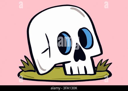 Teschio carino da cartone animato che riposa sull'erba su uno sfondo rosa morbido, creando un'illustrazione giocosa di Halloween e autunno con contorni audaci e semplici Foto Stock