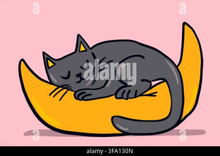 Gatto carino che dorme pacificamente su una falce di luna dorata su uno sfondo rosa pastello, creando un'illustrazione autunnale di Halloween stravagante con un'atmosfera accogliente Foto Stock