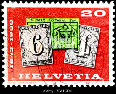 Francobollo svizzero del 1968, 20 Helvetia, 125° anniversario dei primi francobolli svizzeri Foto Stock