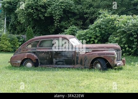Vintage Automotive: Buick Sedan degli anni '40 arrugginito vintage parcheggiato in un prato invaso dalla vegetazione Foto Stock
