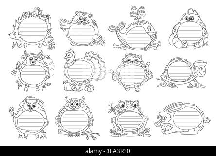 Animali e uccelli carini e divertenti cornici e adesivi per promemoria per bambini. Set di personaggi vettoriali in bianco e nero a forma di riccio, criceto, balena, gallina, mucca, tacchino, tigre, tartaruga, maiale, gufo, rana e coniglio Illustrazione Vettoriale