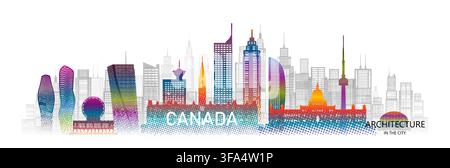 Silhouette di architettura di viaggio in Canada con stile mezzotono colorato. Tour Canada dei famosi monumenti architettonici di Toronto in Nord America su bianco Illustrazione Vettoriale