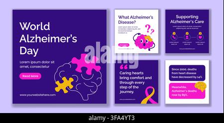 Modelli di sfondo piatti per post sui social media della Giornata mondiale dell'Alzheimer Illustrazione Vettoriale