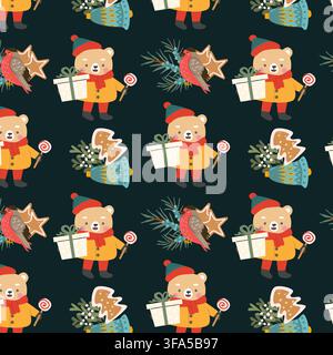 Motivo invernale senza cuciture carino con animali della foresta, biscotti di pan di zenzero, fiocchi di neve, bacche invernali e decorazioni natalizie su sfondo nero. Illustrazione vettoriale in uno stile cartone animato piatto affascinante. Illustrazione Vettoriale