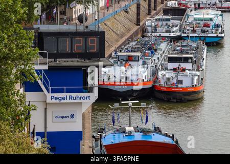 Duisburg, Renania Settentrionale-Vestfalia, Germania – Bassi livelli idrici sul Reno. Oggi, 16 agosto 2026, il livello dell'acqua al misuratore di Ruhrort è di soli 1,29 me Foto Stock