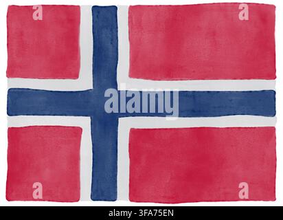 Illustrazione di sfondo acquerellato disegnata a mano della bandiera nazionale della Norvegia isolata su sfondo bianco. Bandiera norvegese classica con croce scandinava. Foto Stock