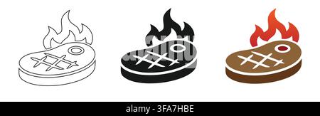 Tre icone stilizzate di una bistecca di manzo grigliata con fiamme presentate in contorno nero solido, ciascuna con fiamme stilizzate in formato colore rosso Illustrazione Vettoriale