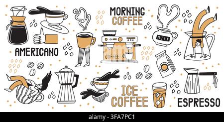 Icone di caffè. Personaggio da caffetteria, arte di cibo e tazza, set di adesivi per menu o poster disegnati a mano. Tazza di latte carina e fagiolo. Preparazione della bevanda mattutina. Design vettoriale cartoon piatto illustrazione isolata Illustrazione Vettoriale