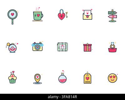 Set di icone carine per San Valentino con cuori, illustrazione vettoriale, design piatto, isolato su sfondo bianco Illustrazione Vettoriale