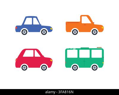 Set di vettori piatti di icone di auto colorate, pick-up e autobus isolati su sfondo bianco per il design del trasporto Illustrazione Vettoriale