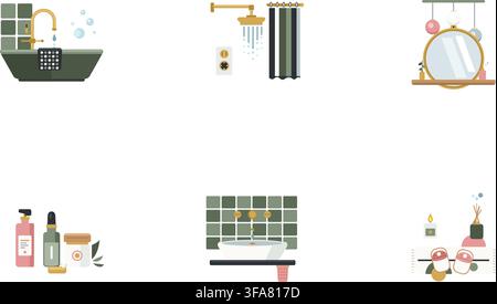 Set di icone vettoriali piatte per il bagno con lavandino, doccia, specchio e articoli da toeletta su sfondo bianco Illustrazione Vettoriale