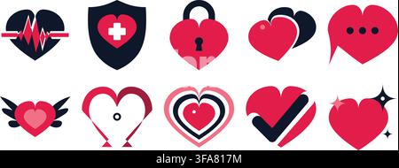 Set di dieci icone moderne a forma di cuore con simboli medici, di sicurezza e sociali in stile vettore rosso e nero Illustrazione Vettoriale