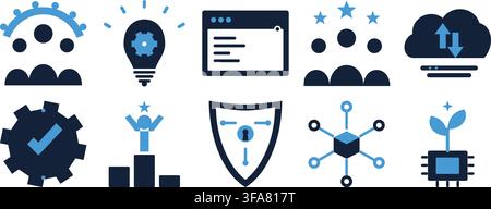 Set di icone vettoriali piatte moderne per concetti tecnologici, aziendali e digitali, inclusi simboli di cloud, ingranaggio e rete su bianco. Illustrazione Vettoriale
