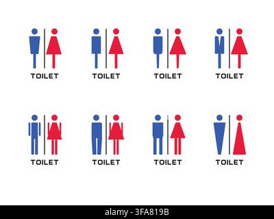 Set di segnali di toilette vettoriali piatti con icone maschili e femminili, simboli di toilette blu e rossi, isolati su sfondo bianco Illustrazione Vettoriale