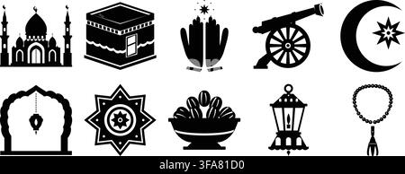 Set di icone islamiche per l'Eid, moschea, Kaaba, mezzaluna, lanterna, illustrazione vettoriale, simboli neri su sfondo bianco Illustrazione Vettoriale