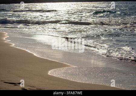 Spiaggia di Ayfilon. Dipkarpaz. Cipro del Nord. La luce dorata del sole si riflette sulle dolci onde del mare che si infrangono su una costa sabbiosa durante il tramonto Foto Stock