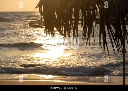 Spiaggia di Ayfilon. Dipkarpaz. Cipro del Nord. Un ombrellone di paglia incorniciato da un tramonto dorato su onde scintillanti dell'oceano su una tranquilla spiaggia di sabbia Foto Stock