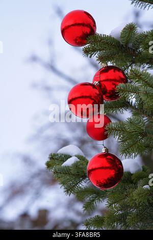 Ornamenti natalizi appesi a un ramo di albero, in un ambiente innevato all'aperto, con ornamenti natalizi rossi, rami di pino, neve, da un primo piano Foto Stock