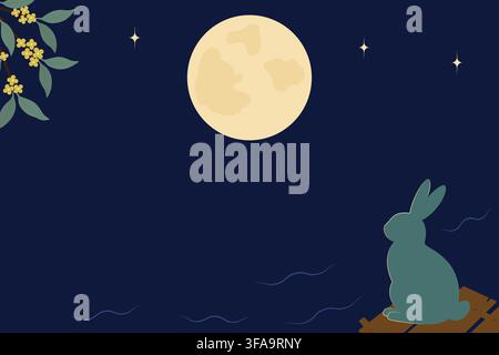 Banner del festival con silhouette di coniglio di giada e luna piena per il festival di metà autunno Spazio libero Modello. Utilizzo per poster, banner, auguri, biglietti tematici, inviti o social media del festival di metà autunno Illustrazione Vettoriale
