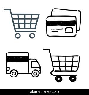 Set di icone di shopping disegnate a mano con carrello, carta di credito e camion di consegna per l'e-commerce Illustrazione Vettoriale