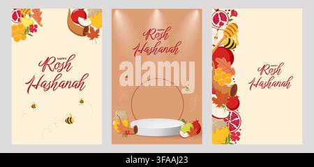 Set di tre biglietti di auguri Rosh Hashanah con mele, melagrane, miele, api, shofar e il testo "Happy Rosh Hashanah", che simboleggia la dolcezza Illustrazione Vettoriale