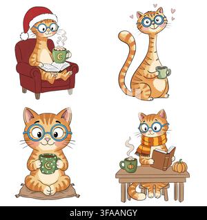 Set di graziosi gatti zenzero in cartone animato con occhiali che si rilassano con un cappello di Babbo Natale, tengono tazze di caffè con cuori e una sciarpa, concetto invernale e autunnale accogliente i Foto Stock