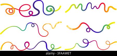 La linea di colore sfumatura arcobaleno ondulata crea un set di illustrazioni vettoriali di curve astratte dinamiche. Illustrazione Vettoriale