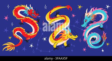 Set di adesivi con draghi cinesi colorati con tre draghi orientali stilizzati in colori vivaci, personaggi di fantasia mitici, motivi asiatici tradizionali e stelle decorative. Illustrazione vettoriale Illustrazione Vettoriale