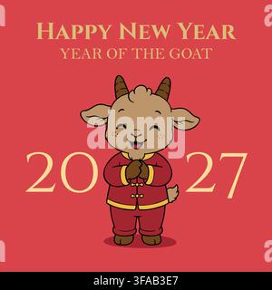 Simpatica capra dei cartoni animati in un tradizionale abito cinese rosso che fa un gesto di auguri per il Capodanno, celebrando l'Anno della Capra 2027 su un rosso festoso Illustrazione Vettoriale