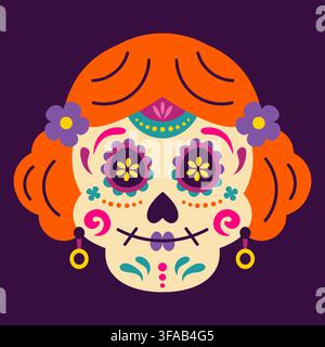Teschio di zucchero Calavera con capelli rossi. Giorno dei morti messicano Día de los Muertos festa dei morti teschio. Cranio femminile con motivo floreale. Zucchero Calaca tradizionale per la celebrazione della morte Illustrazione Vettoriale