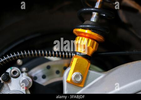 Una sospensione per moto, componente di regolazione dorato, disco del freno, molla a spirale, dettaglio meccanico in primo piano Foto Stock