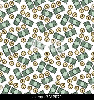 Motivo di denaro. Banconote e monete in dollari. Banconote, contanti. Finanza ed economia. Simbolo del dollaro. Motivo senza cuciture. Imballaggio Illustrazione Vettoriale