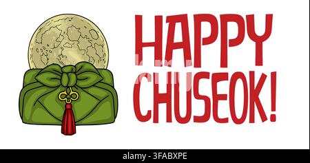 Banner vettoriale felice per Chuseok con un regalo tradizionale coreano avvolto in tessuto bojagi verde e un'illustrazione della luna piena. Illustrazione Vettoriale