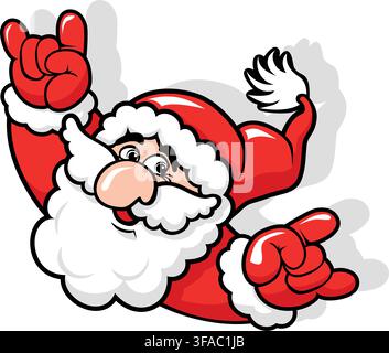 Babbo Natale che mostra il segno della capra rock and roll. Modello vettoriale natalizio su sfondo trasparente Illustrazione Vettoriale