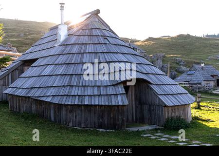 Tradizionali capanne di legno di pastori che si ergono sui pascoli alpini verdi del paesaggio scenografico dell'altopiano montuoso di Velika Planina, in Slovenia. Foto Stock