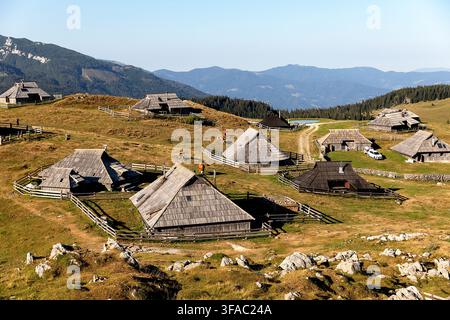 Tradizionali capanne di legno di pastori che si ergono sui pascoli alpini verdi del paesaggio scenografico dell'altopiano montuoso di Velika Planina, in Slovenia. Foto Stock