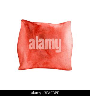 Cuscino morbido rosso illustrazione acquerellata isolata. Oggetto di arredamento accogliente disegnato a mano per il design di interni, comfort del soggiorno, accessori per la camera da letto Foto Stock