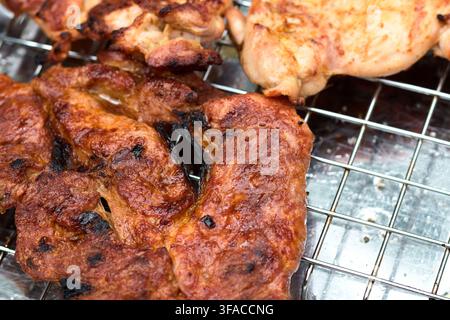 Primo piano di succulenta bistecca di maiale marinata e pollo arrosto su una griglia metallica per barbecue durante un picnic, mostrando carne succosa e condita Foto Stock