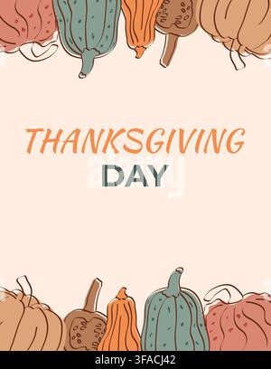 Modello di poster verticale per il Giorno del Ringraziamento con un bordo colorato a forma di zucca autunnale. Illustrazione Vettoriale