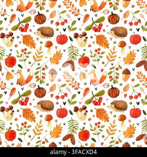 Modello senza cuciture dipinto a mano ad acquerello di una foresta autunnale Foto Stock