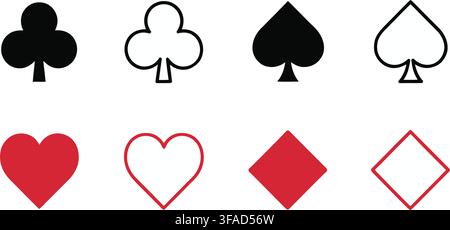 Set isolato di otto simboli di carte da gioco inclusi fiori, picche, cuori e quadri in stili pieni e contorno su uno sfondo bianco pulito Illustrazione Vettoriale