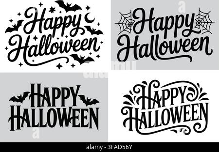 Design isolato di auguri di Halloween con la frase 'Happy Halloween' con pipistrelli stilizzati, stelle e decorazioni a ragnatela. Perfetto per biglietti stagionali, Illustrazione Vettoriale