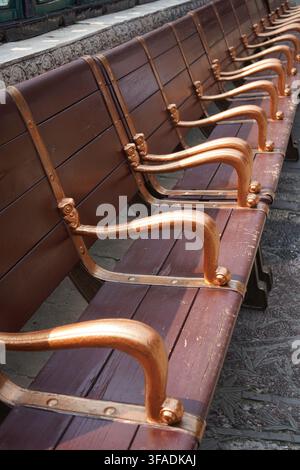 Una fila ripetuta di panchine tradizionali in legno, decorate con motivi di teste di drago intagliati, delimita un vialetto nella Città Proibita, Pechino, Cina. Foto Stock