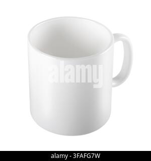 Tazza bianca fotorealistica isolata su sfondo bianco. Vista dall'alto di lato Foto Stock